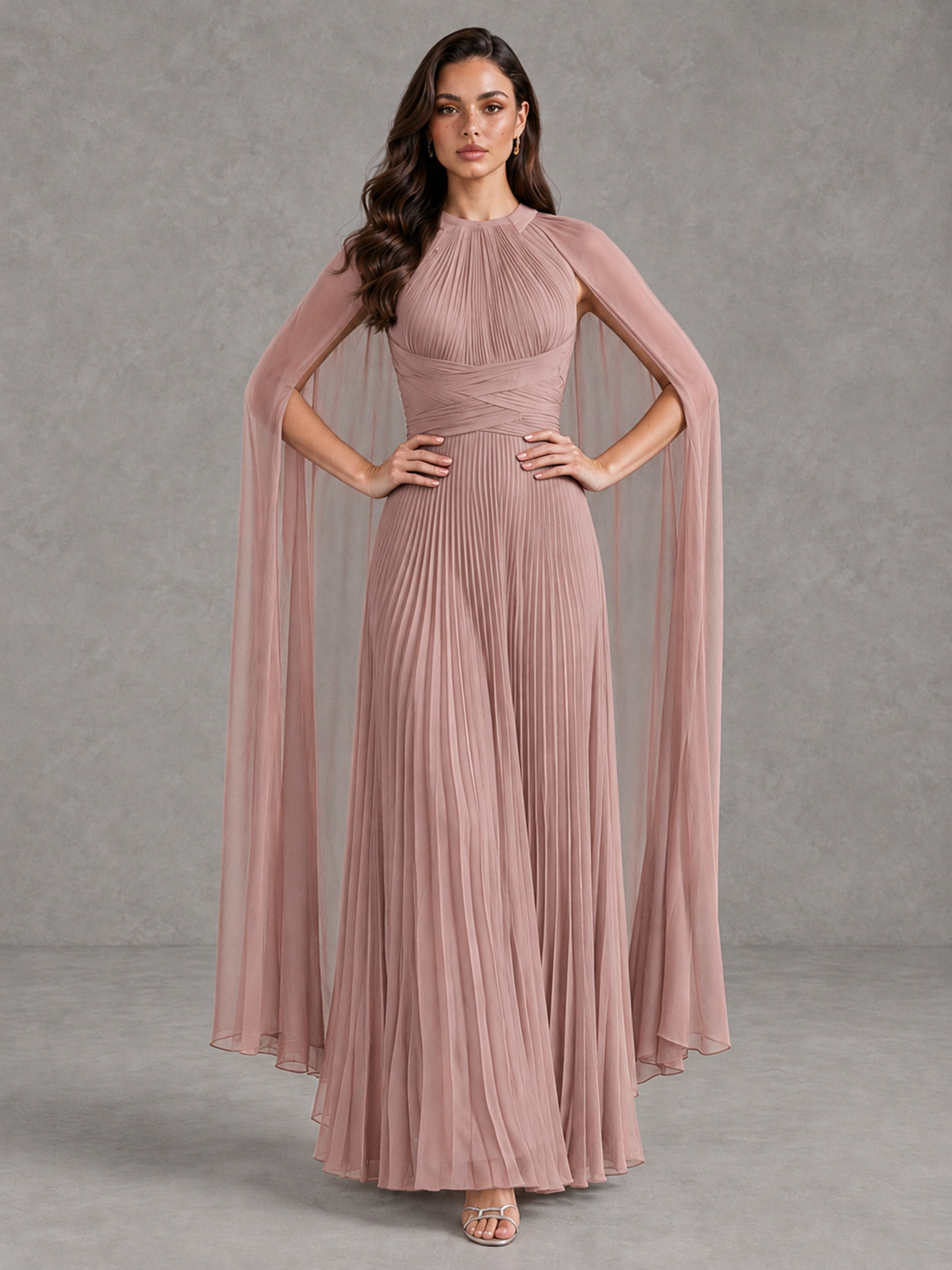 BOLODOO Dusty Rose Pleated Cape Maxi Wedding Guest Dress - Dusty Rose - Dusty Rose (4)