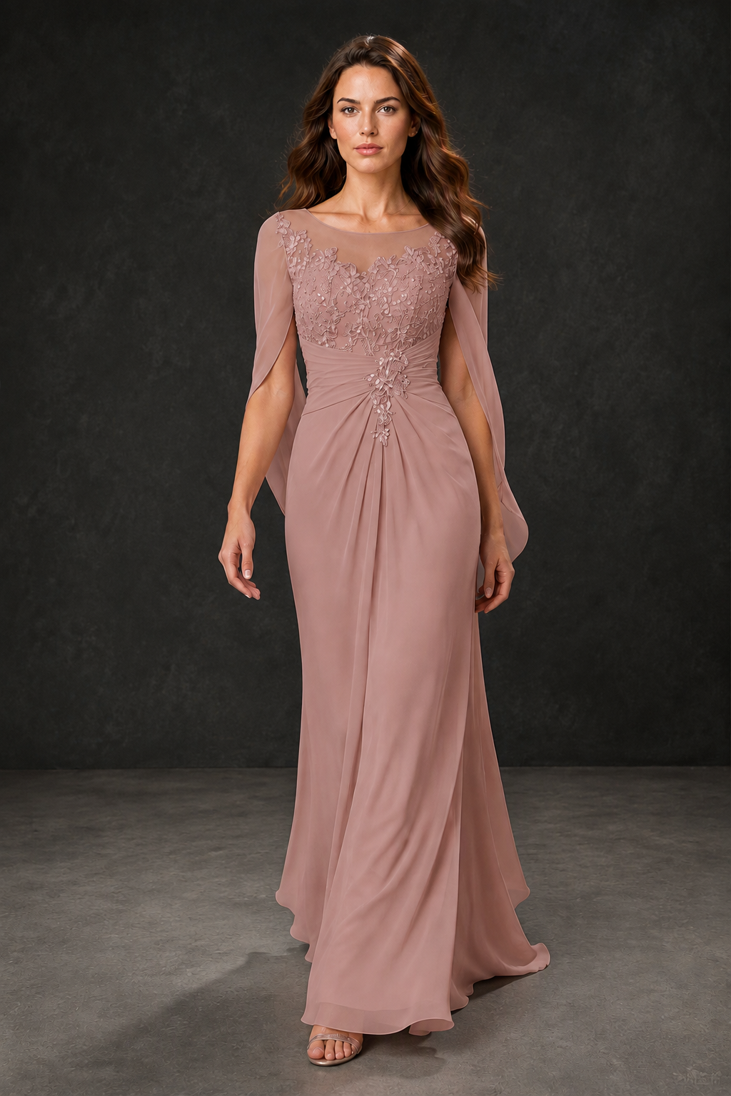 BOLODOO Dusty Rose Illusion Lace One-Side Cape Sleeve Beaded Chiffon Floor Length Gown | Mother of the Bride Evening Dress - Dusty Rose