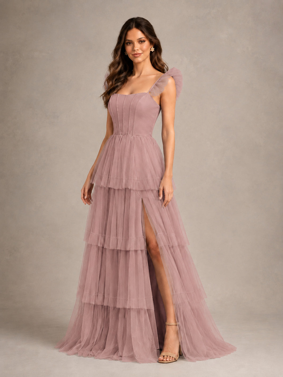 BOLODOO Dusty Rose Tiered Tulle Bridesmaid Dress with Slit - Dusty Rose - Dusty Rose (4)