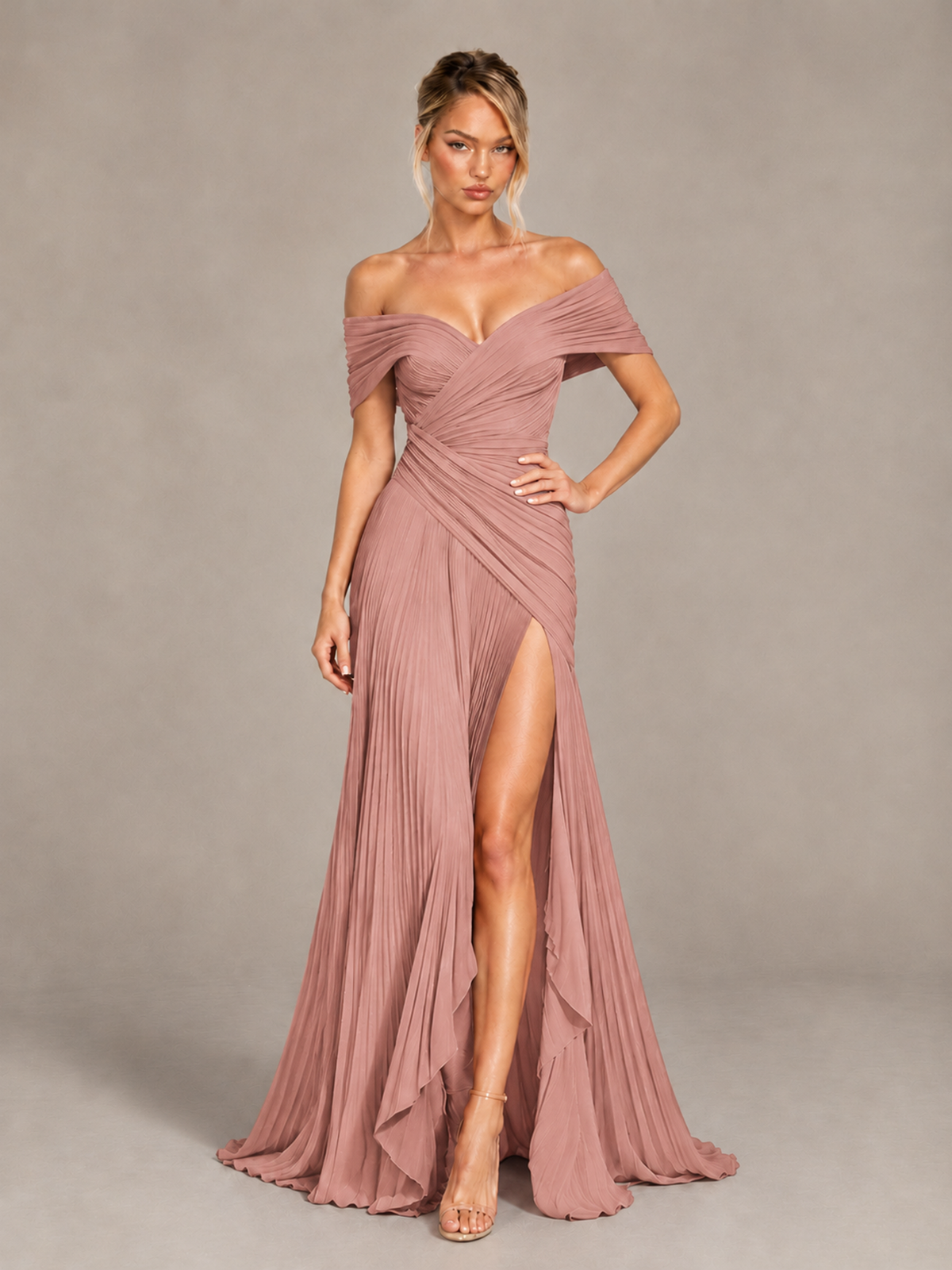 BOLODOO Dusty Rose Off-Shoulder Ruched Pleated Maxi Dress with High Slit - Dusty Rose - Dusty Rose (4)