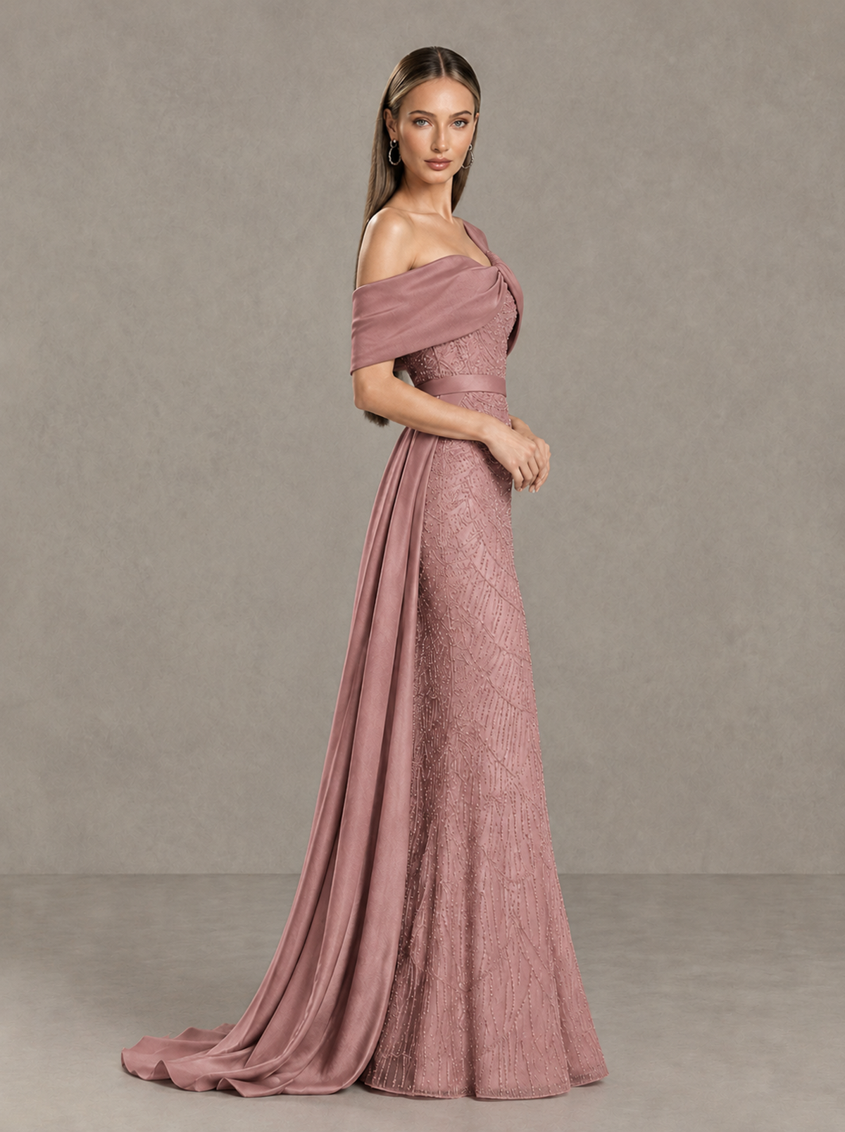 BOLODOO Dusty Rose Asymmetric Draped Mermaid Evening Gown with Train - Dusty Rose - Dusty Rose (4)