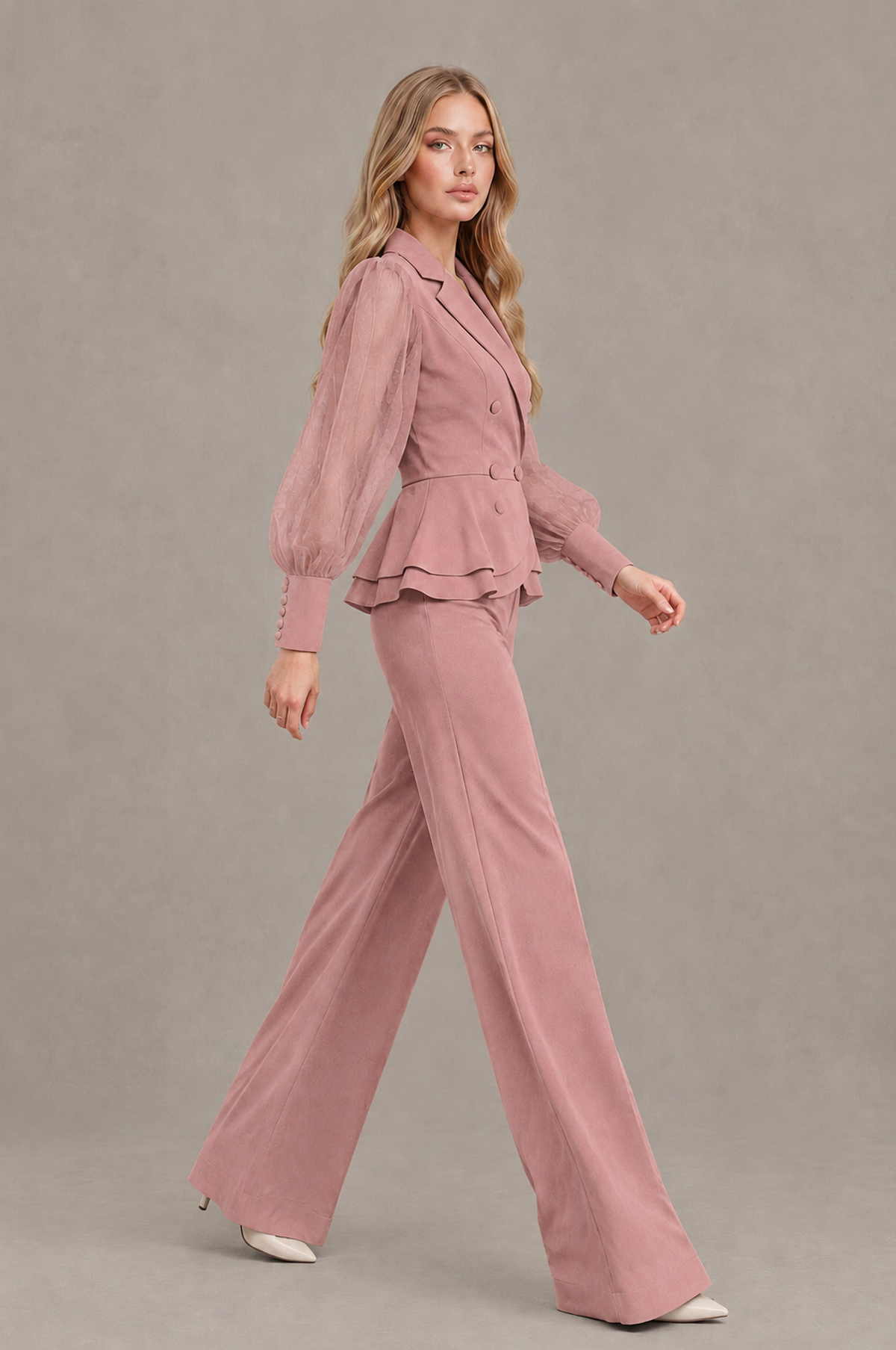 BOLODOO Mint Dusty Rose Peplum Blazer Wide-Leg Pantsuit with Sheer Puff Sleeves - Dusty Rose
