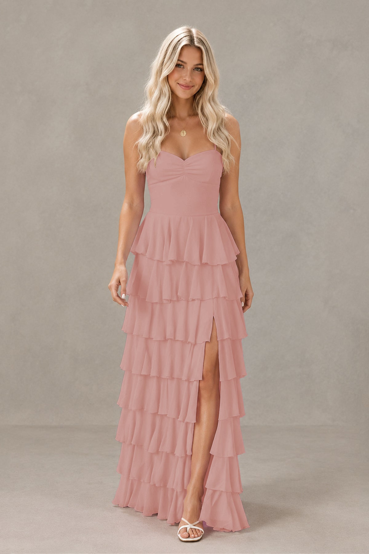 BOLODOO Dusty Rose Strapless Tiered Ruffle Maxi Dress with Slit & Lace-Up Back - Dusty Rose