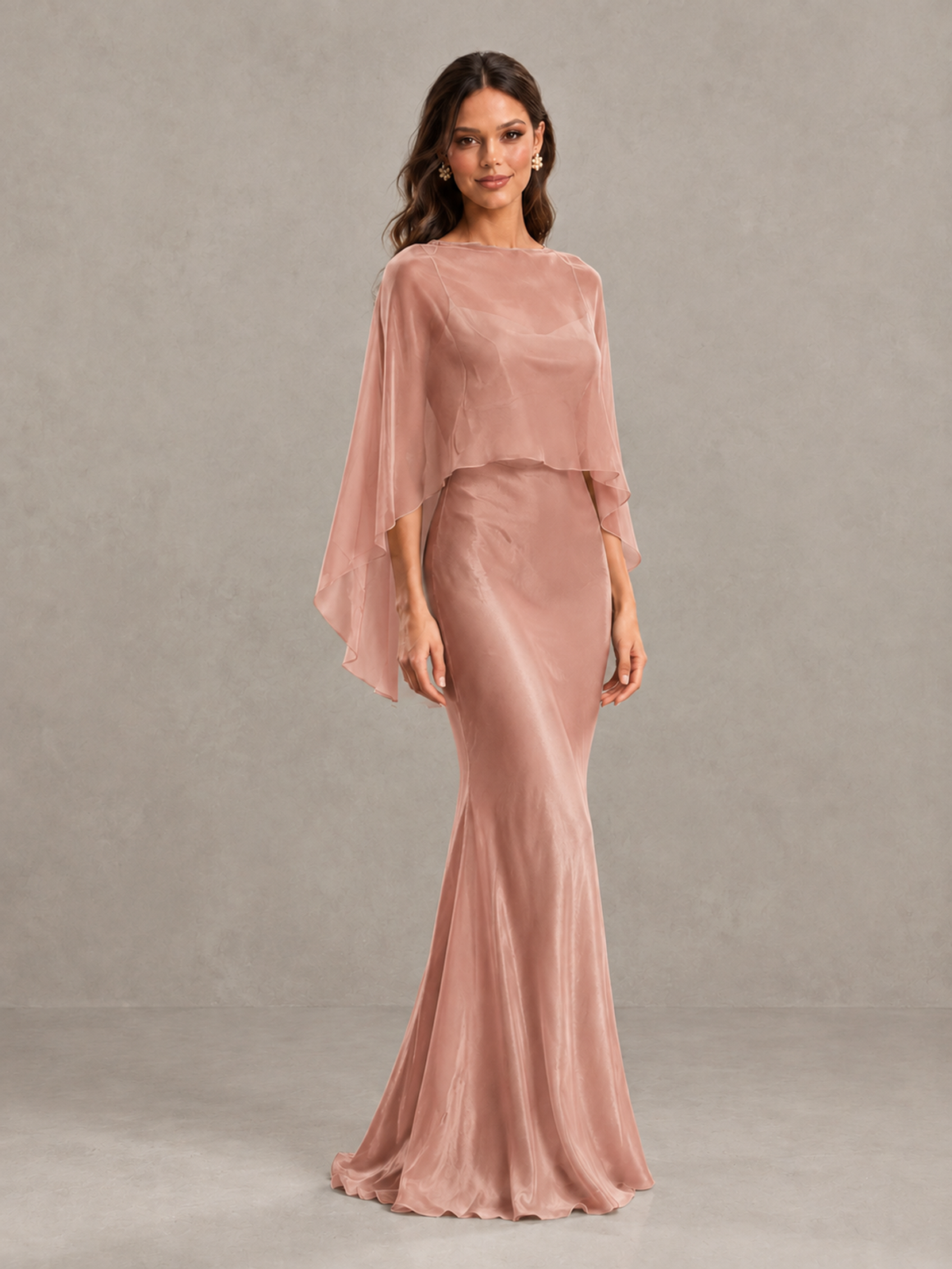 BOLODOO Dusty Rose Satin Mermaid Bridesmaid Dress with Chiffon Cape - Dusty Rose - Dusty Rose (4)