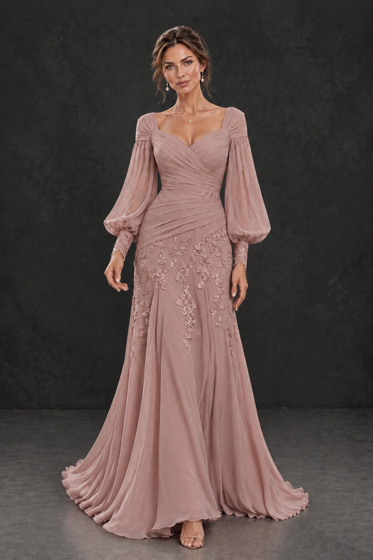 BOLODOO Dusty Rose Long Sleeve Mother of the Bride Dress with Floral Appliqués - Dusty Rose - Dusty Rose (4)