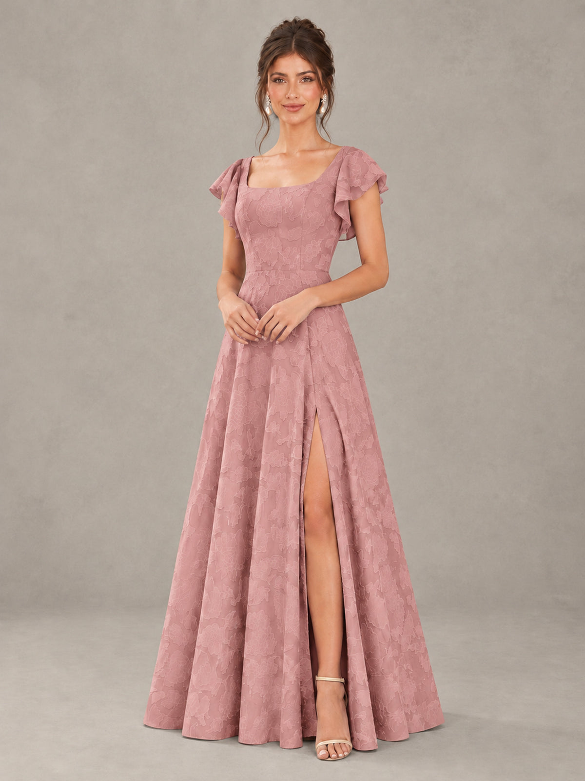 BOLODOO Dusty Rose Floral Flutter Sleeve Bridesmaid Dress with Slit - Dusty Rose - Dusty Rose (4)