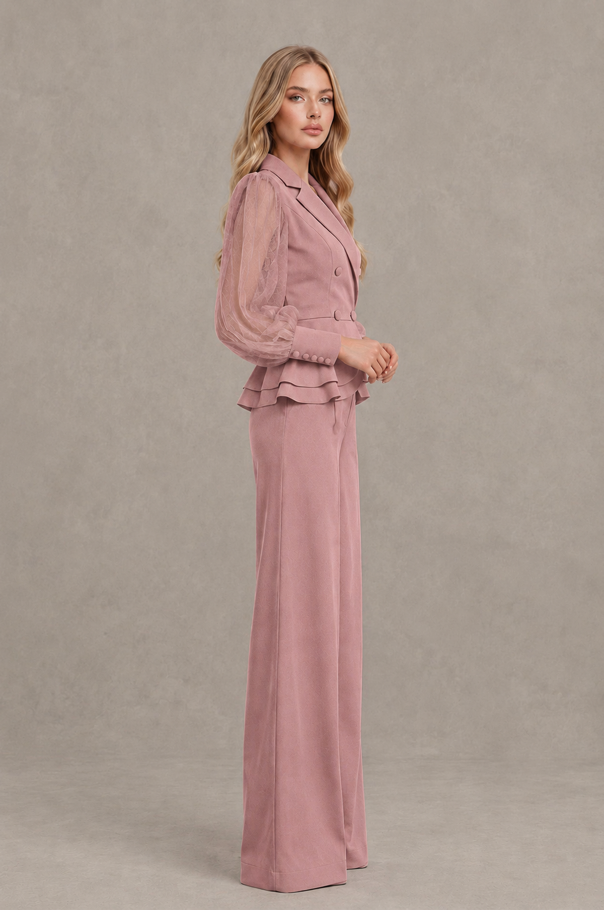 BOLODOO Mint Dusty Rose Peplum Blazer Wide-Leg Pantsuit with Sheer Puff Sleeves - Dusty Rose