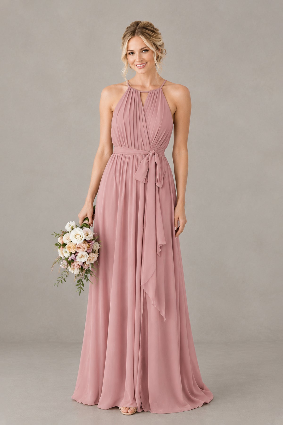 BOLODOO dusty rose floor length chiffon bridesmaid dress covered back view