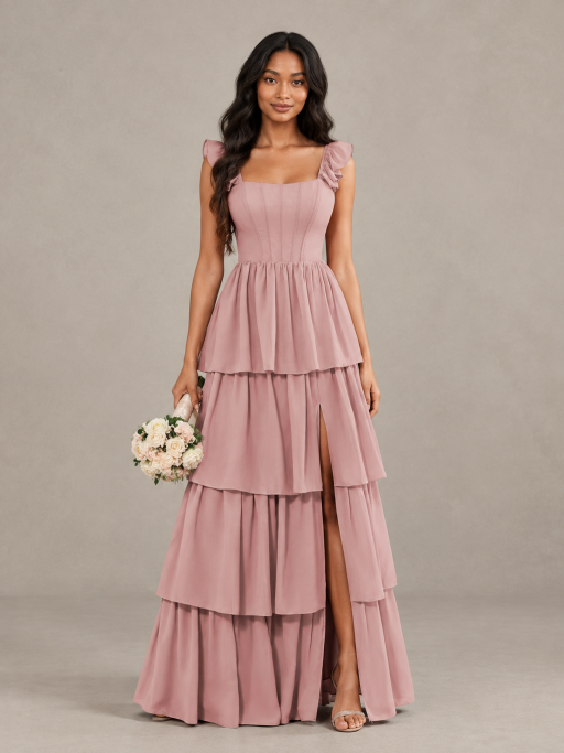 BOLODOO dusty rose tiered maxi bridesmaid dress with square neck and thigh-high slit, front view