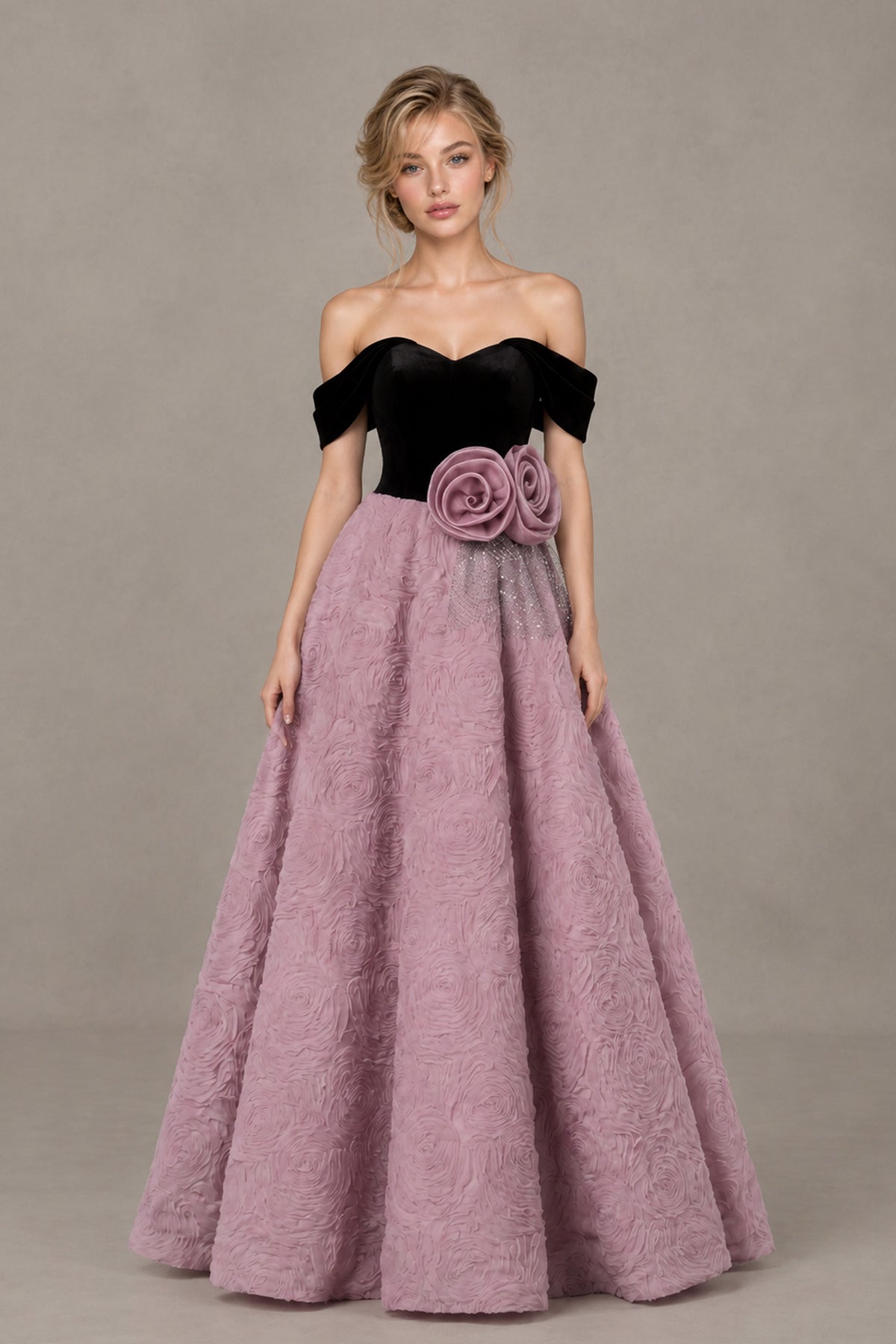 BOLODOO XX060 black and dusty rose off-shoulder floral ball gown, full front view