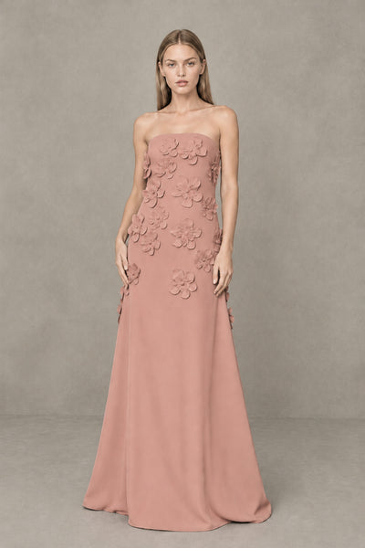 BOLODOO Dusty Rose Strapless 3D Floral Appliqué Crepe Maxi Gown 