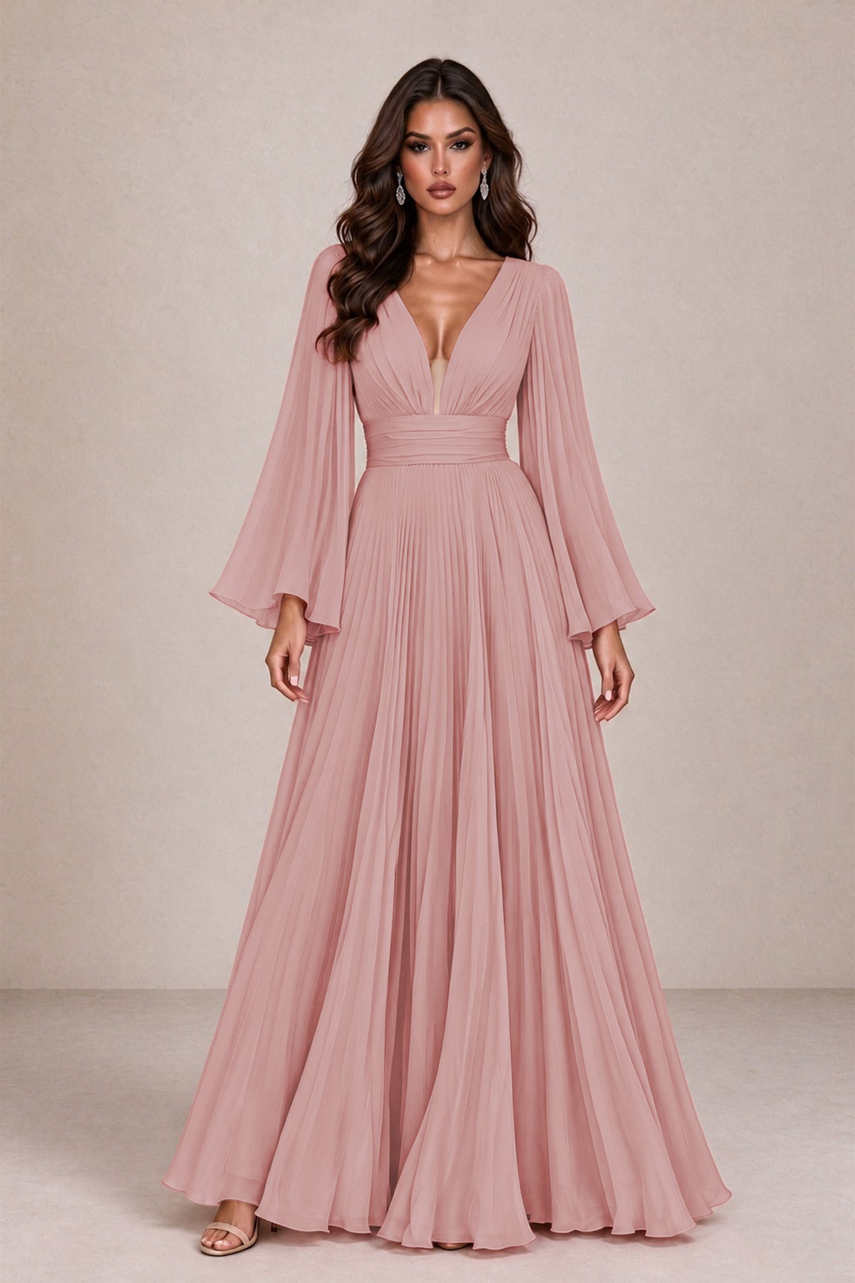 BOLODOO Dusty Rose Pleated Deep V-Neck Long Bell Sleeve Evening Dress 