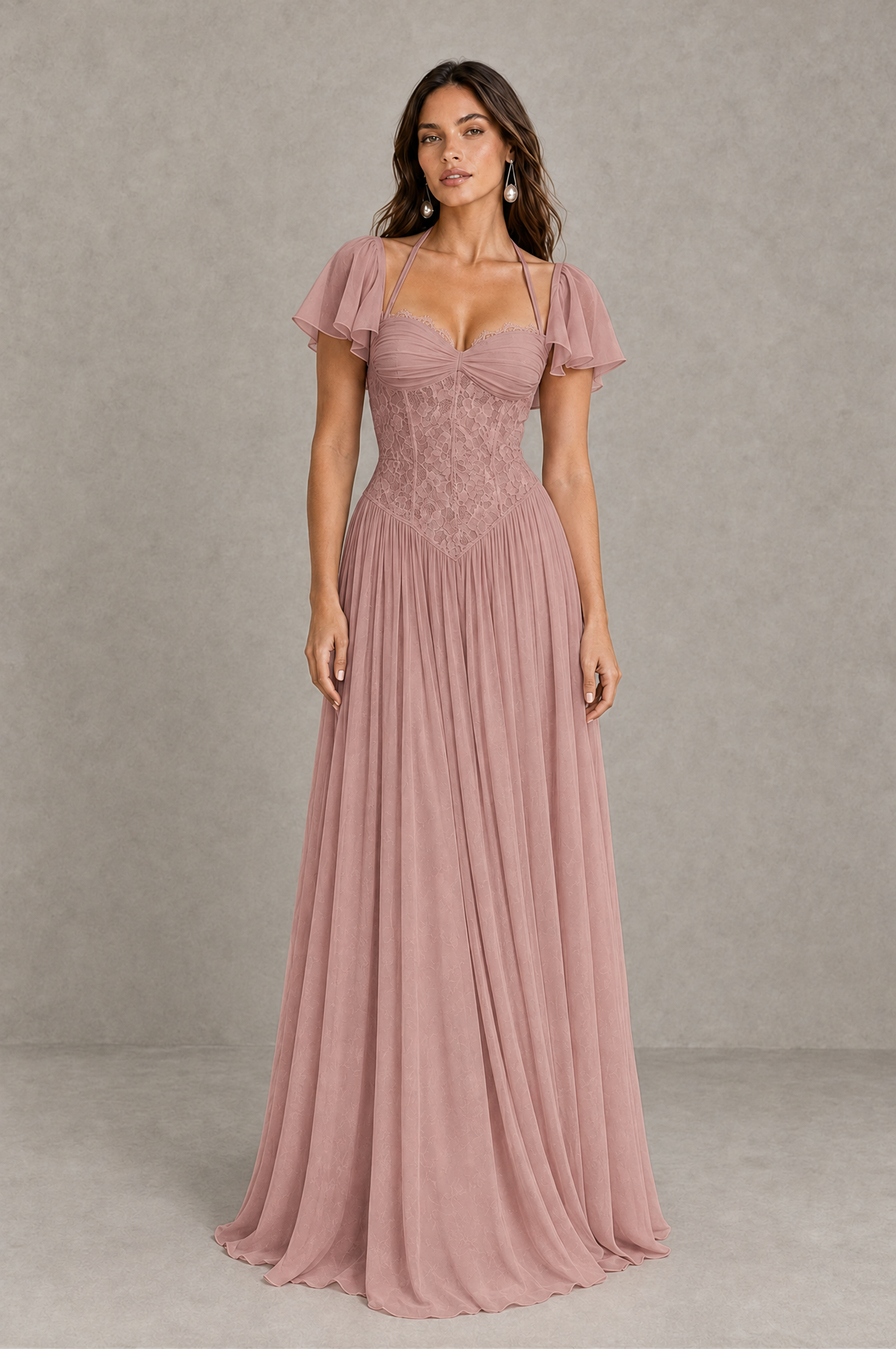 BOLODOO Dusty Rose Flutter Sleeve Lace Corset A-Line Maxi Dress 