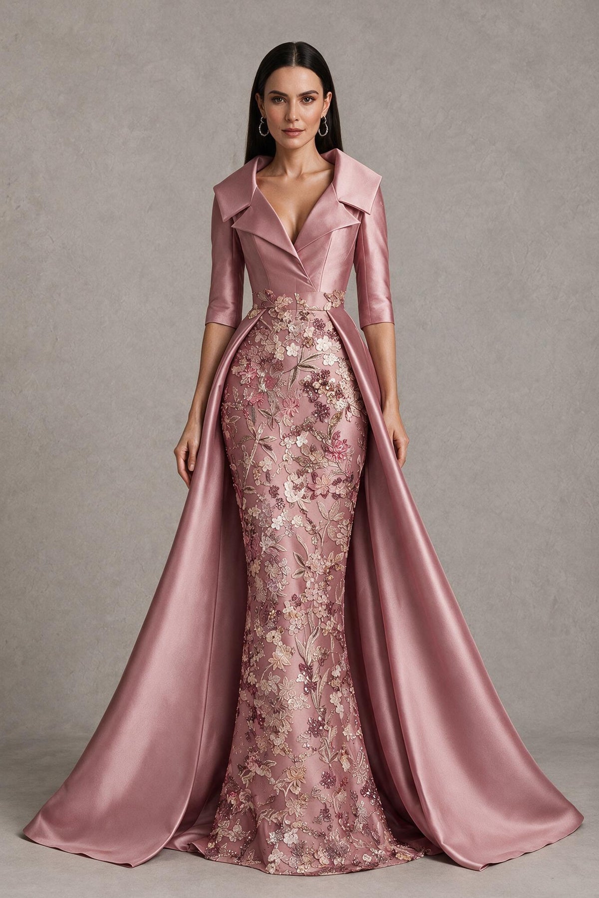 BOLODOO dusty rose satin lace mother of the bride gown, front view with three-quarter sleeves and flowing floor-length overskirt