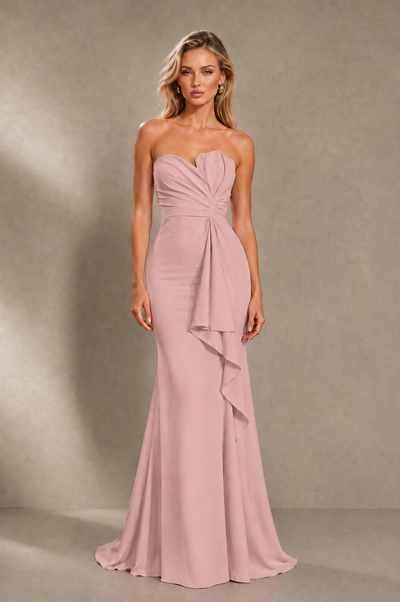BOLODOO Dusty Rose Strapless Sweetheart Ruched Mermaid Gown | Cascade Drape Formal Evening Dress 