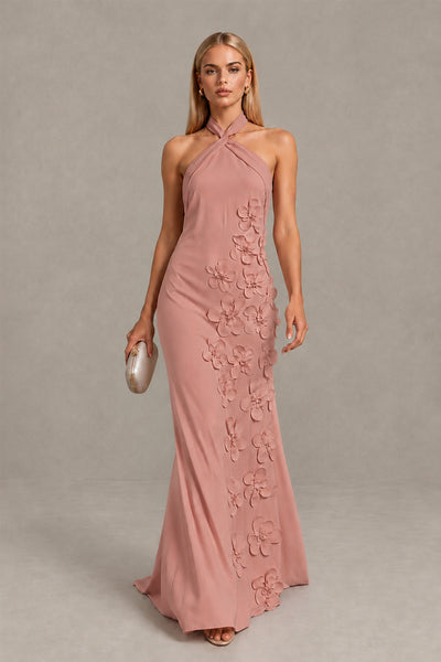 BOLODOO Dusty Rose Cross Halter Neck 3D Floral Appliqué Backless Mermaid Maxi Gown 