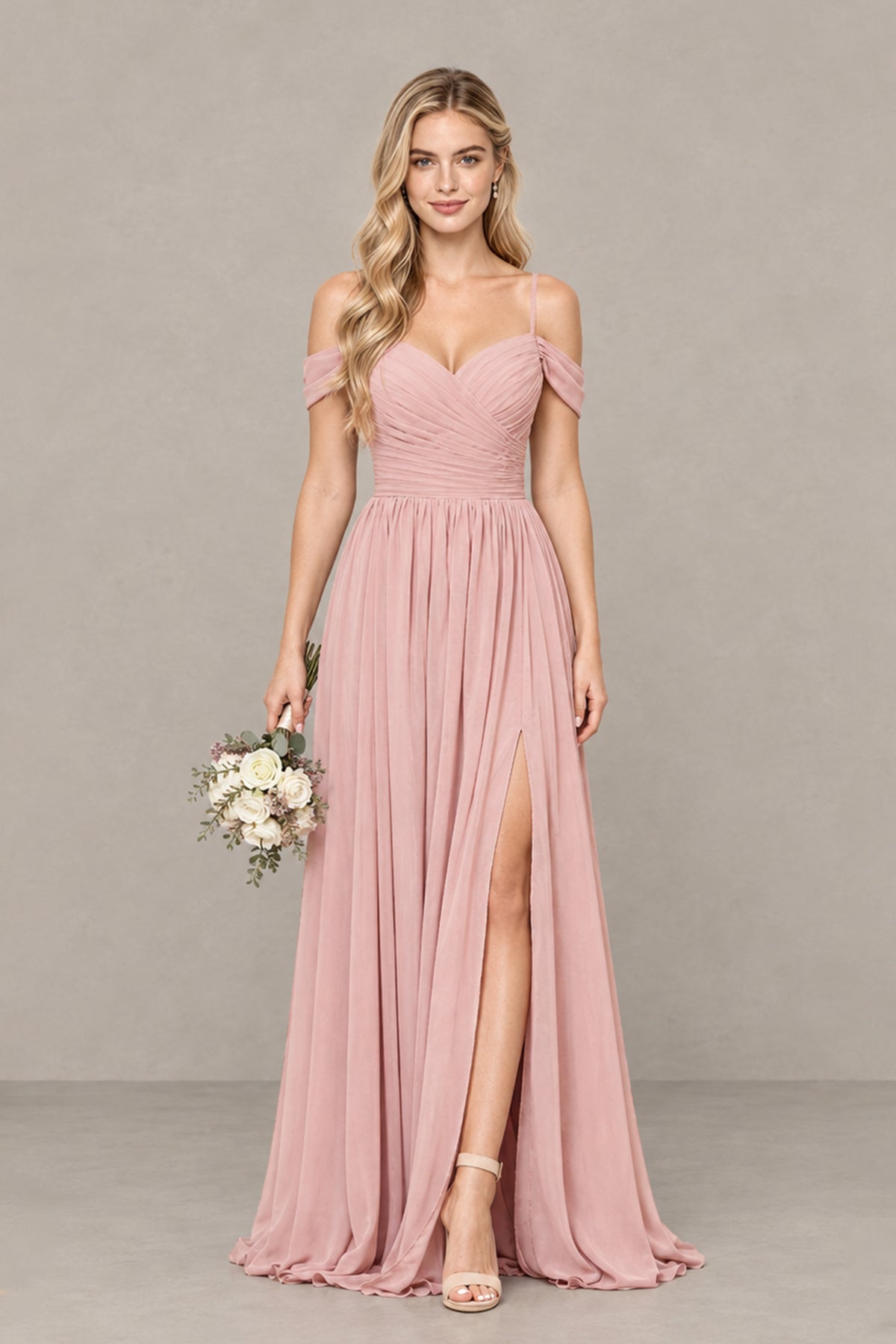 Back view of dusty rose bridesmaid gown showing open upper back and lace-up corset detail
