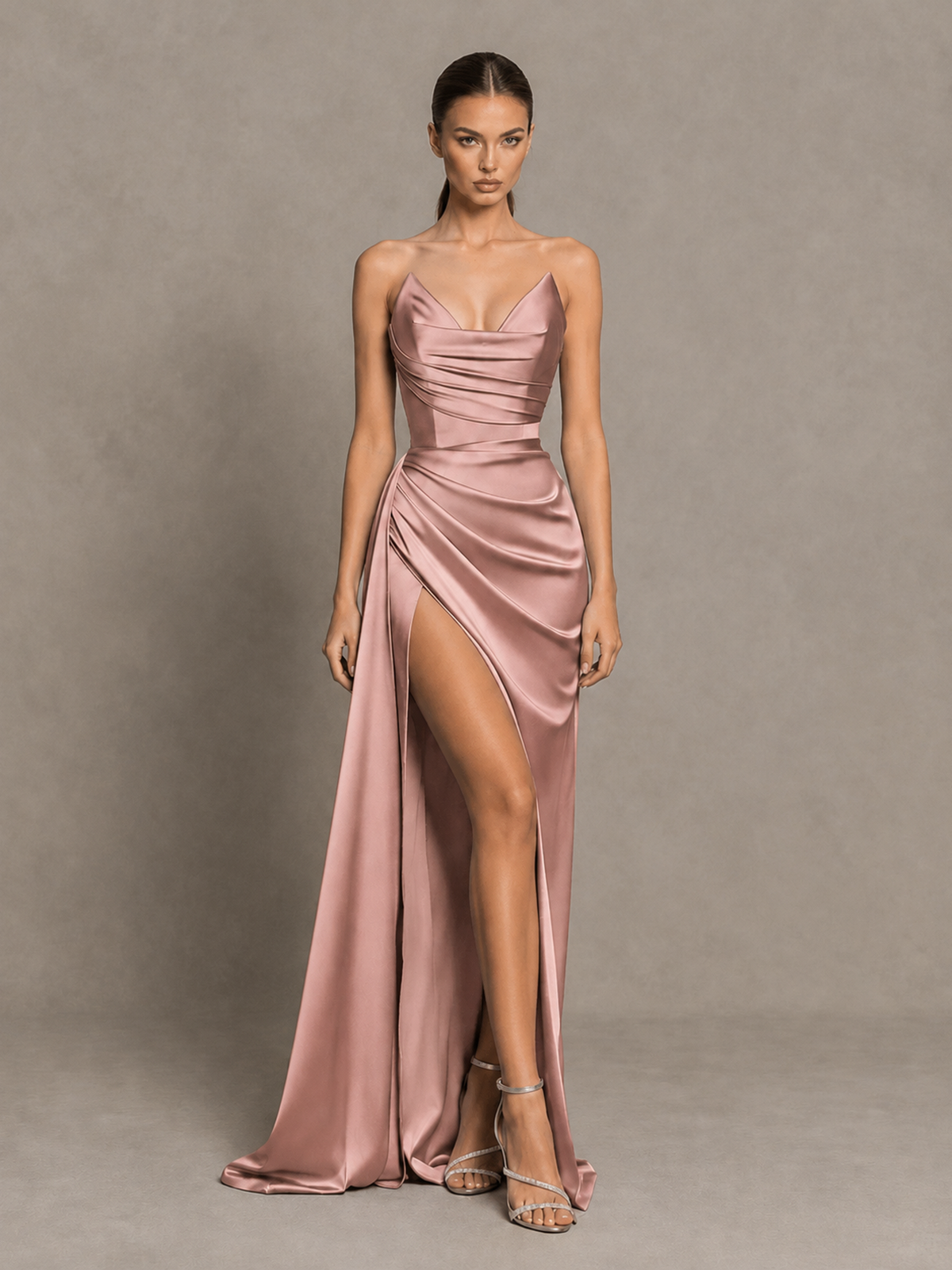 BOLODOO Dusty Rose Strapless Satin High-Slit Lace-Up Prom Dress 