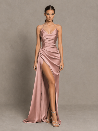 BOLODOO Dusty Rose Strapless Satin High-Slit Lace-Up Prom Dress 