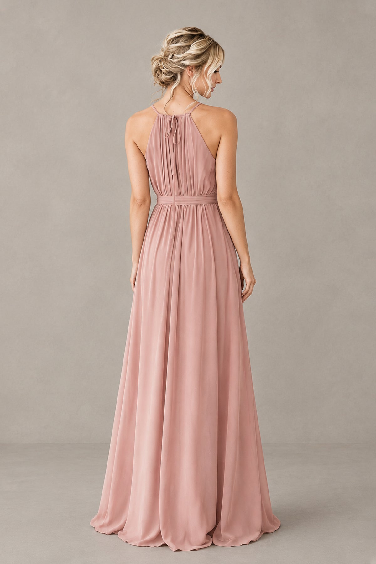 BOLODOO dusty rose halter bridesmaid maxi dress with pleated bodice and tie waist