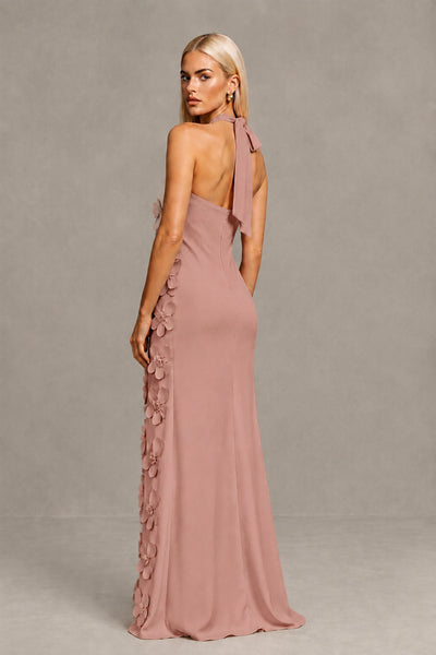 BOLODOO Dusty Rose Cross Halter Neck 3D Floral Appliqué Backless Mermaid Maxi Gown 