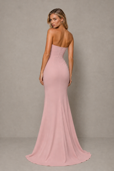 BOLODOO Dusty Rose Strapless Sweetheart Ruched Mermaid Gown | Cascade Drape Formal Evening Dress 