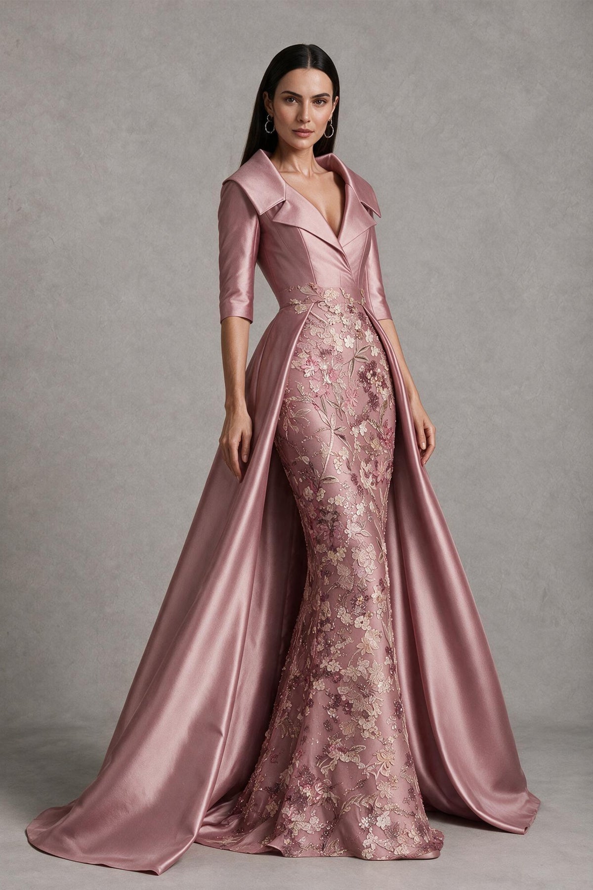 BOLODOO dusty rose satin lace formal gown, side view showing the fitted mermaid silhouette and long satin overskirt