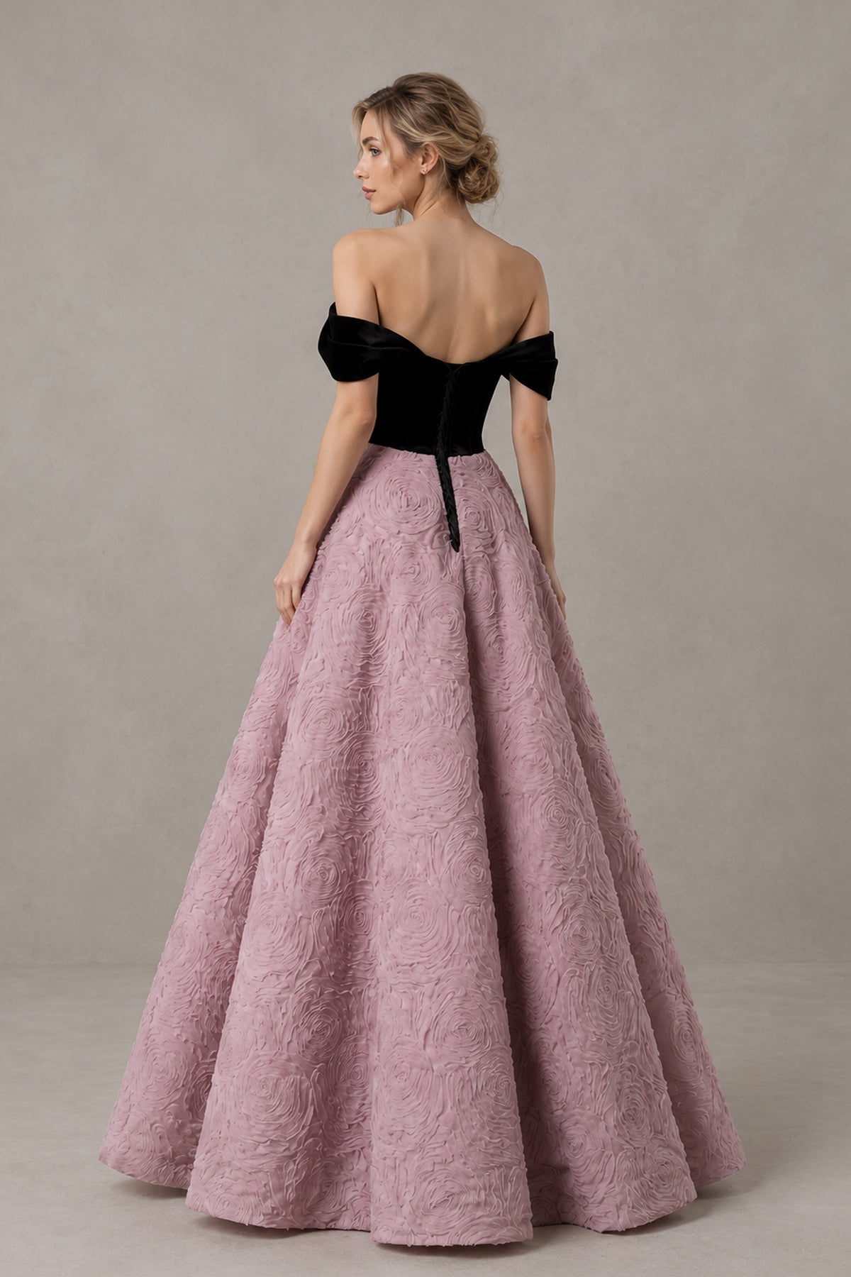 BOLODOO black and dusty rose ball gown with low scooped back, full back view
