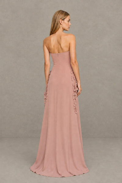 BOLODOO Dusty Rose Strapless 3D Floral Appliqué Crepe Maxi Gown 