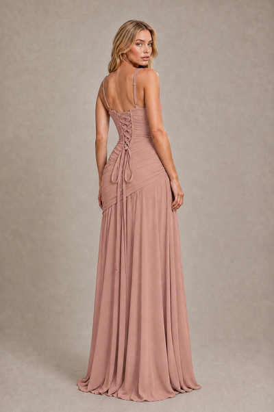 BOLODOO Dusty Rose Spaghetti Strap Ruched Maxi Dress – Formal Evening Gown with Slit 