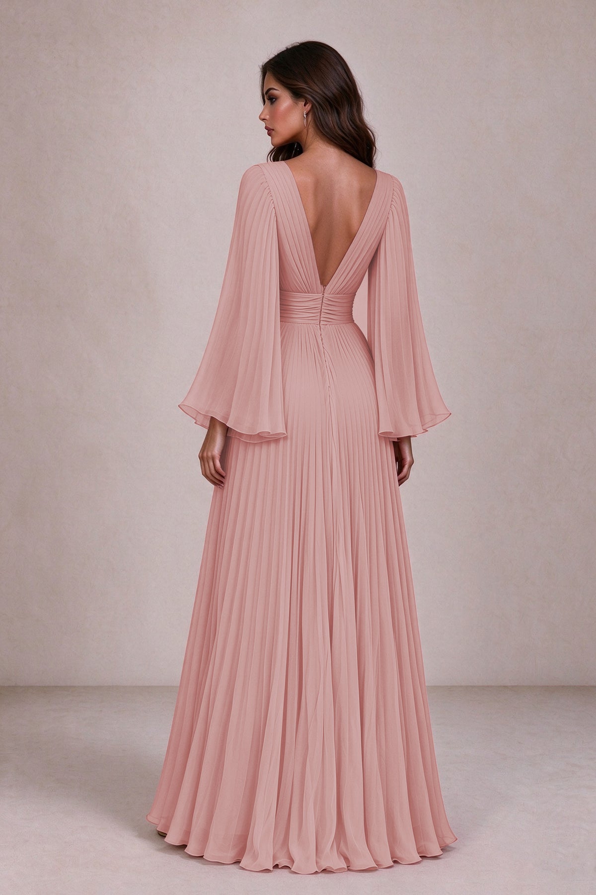 BOLODOO Dusty Rose Pleated Deep V-Neck Long Bell Sleeve Evening Dress 