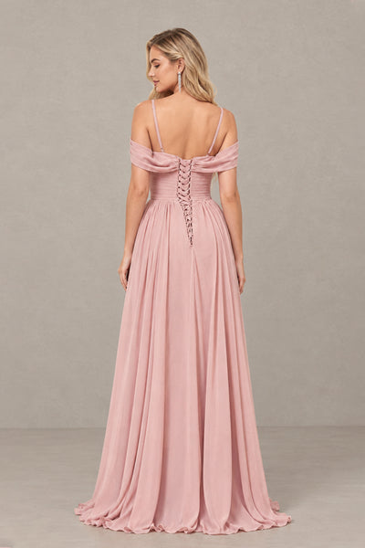Front view of BOLODOO dusty rose floor-length bridesmaid dress with bouquet and slit