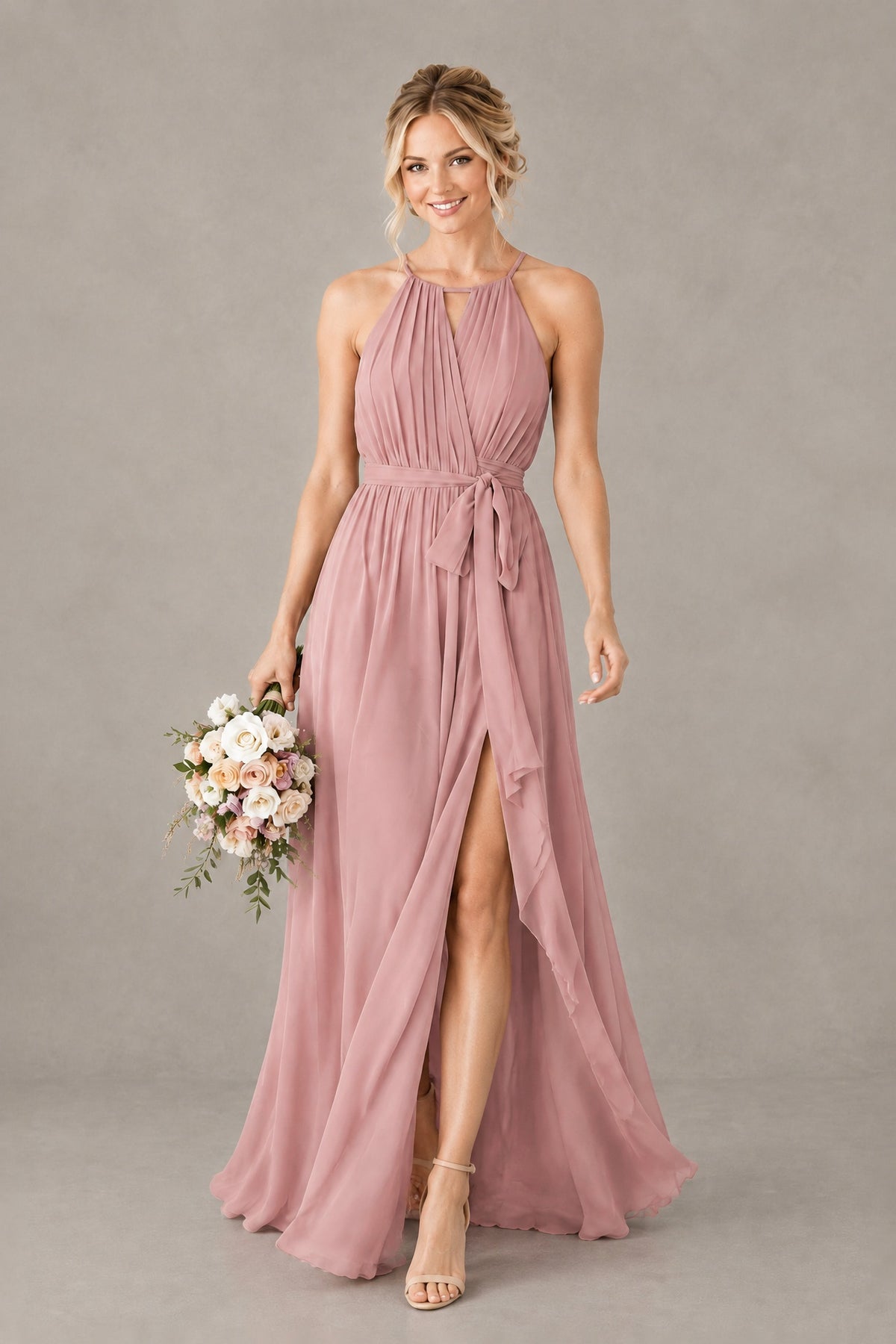 BOLODOO dusty rose sleeveless floor length chiffon formal dress full front view