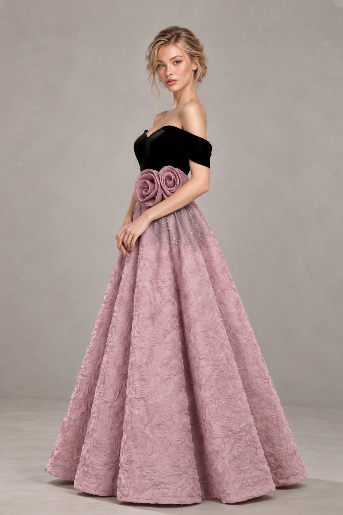 BOLODOO two-tone off-shoulder gown with textured dusty rose skirt, side view