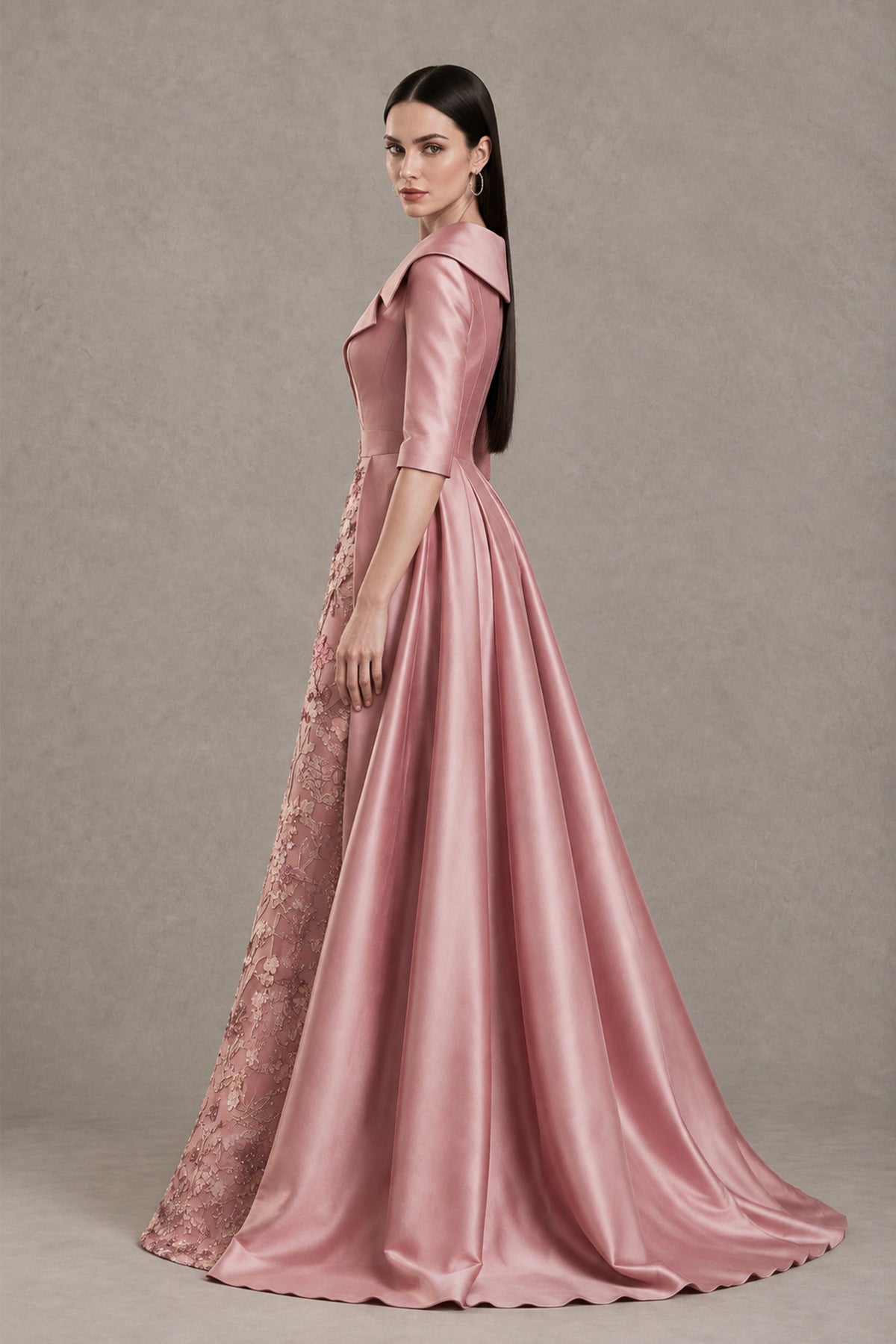 BOLODOO dusty rose mother of the bride dress, front three-quarter view with floral lace embroidery and structured satin bodice