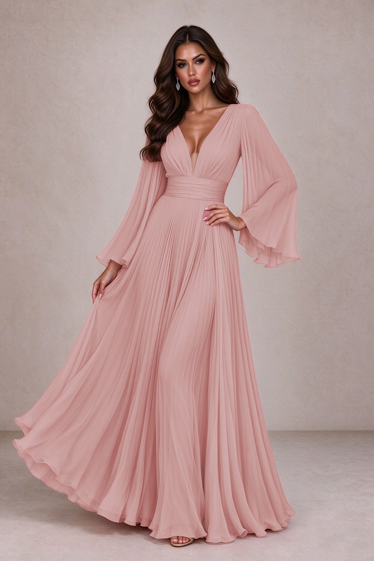 BOLODOO Dusty Rose Pleated Deep V-Neck Long Bell Sleeve Evening Dress 
