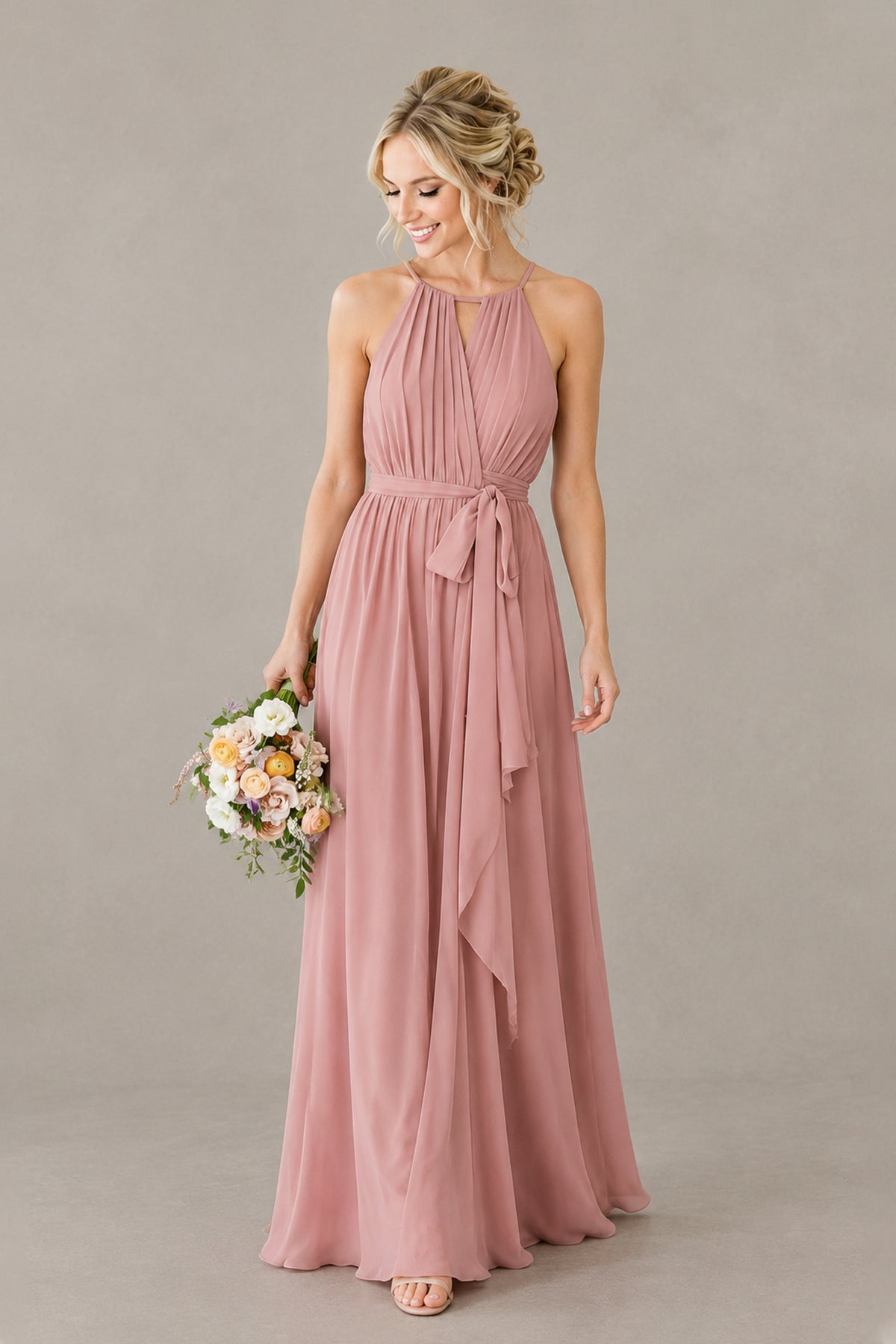 BOLODOO dusty rose halter chiffon bridesmaid dress with waist tie and high front slit