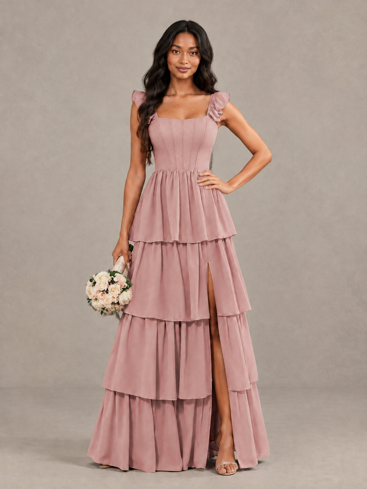 BOLODOO dusty rose flowy woven tiered maxi dress with ruffle straps and slit, side view