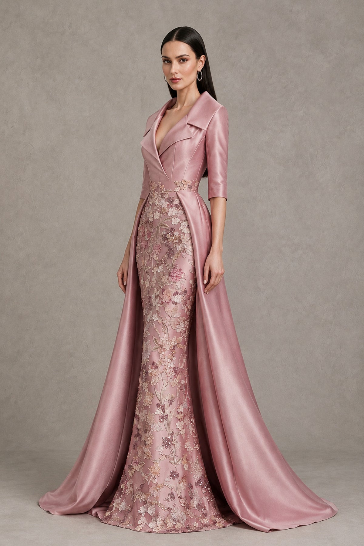 BOLODOO dusty rose satin lace evening gown, back view showing the covered back and flowing floor-length skirt