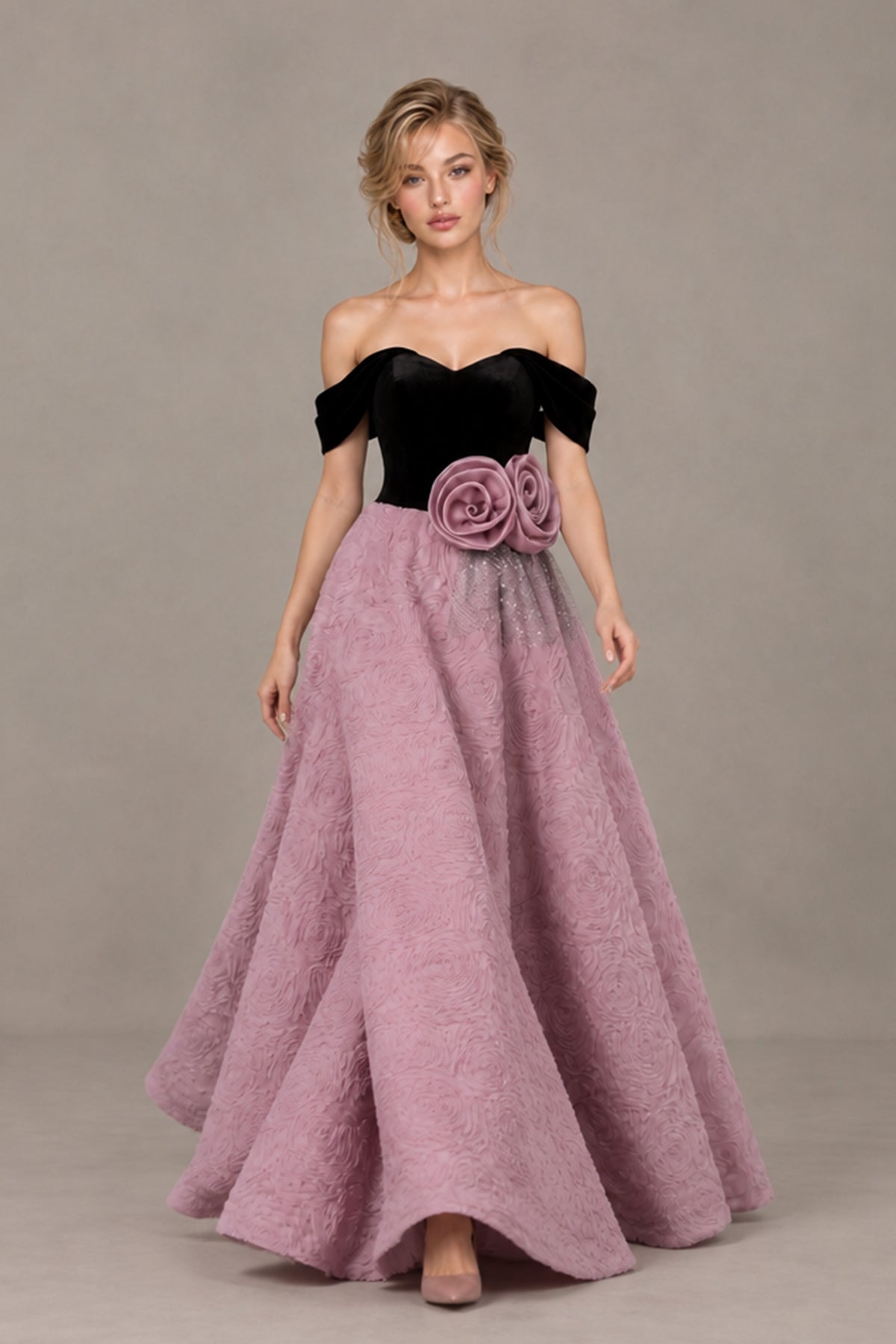 Black and dusty rose floor-length ball gown with rose waist embellishments, walking front view