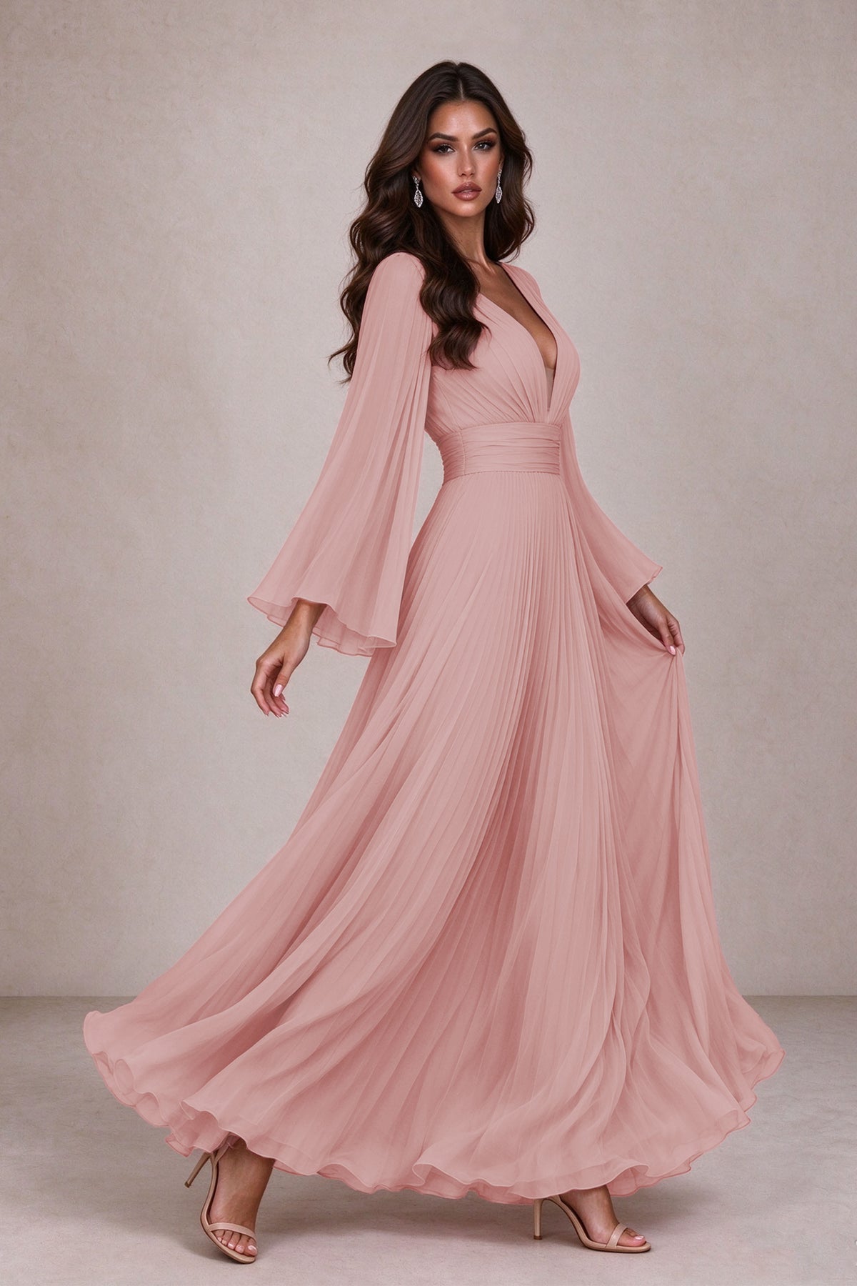 BOLODOO Dusty Rose Pleated Deep V-Neck Long Bell Sleeve Evening Dress 