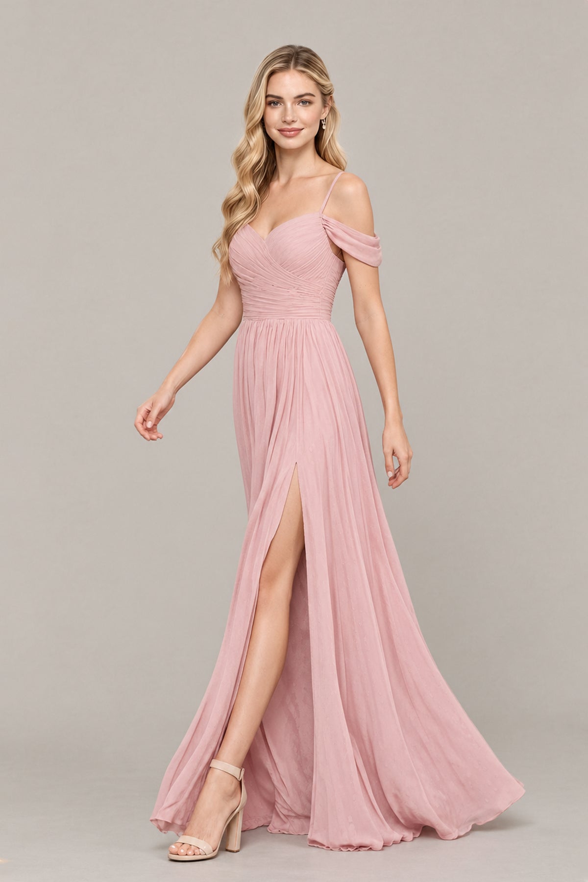 BOLODOO dusty rose off-shoulder floor-length bridesmaid dress with front slit, front three-quarter view