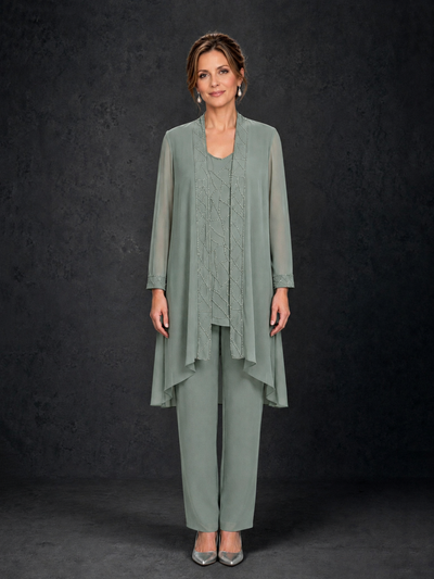 BOLODOO Dusty Sage 3-Piece Beaded Chiffon Duster Jacket Pant Suit - Dusty Sage - Dusty Sage_01