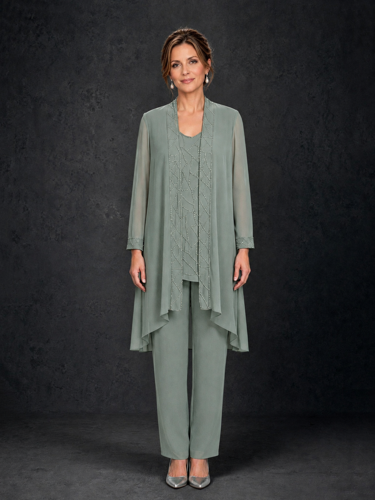 BOLODOO Dusty Sage 3-Piece Beaded Chiffon Duster Jacket Pant Suit - Dusty Sage - Dusty Sage_01