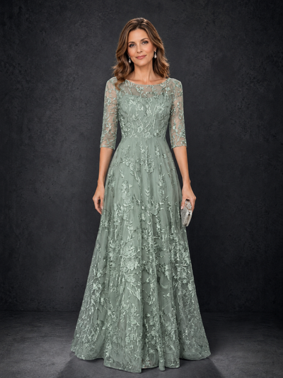 BOLODOO Dusty Sage Illusion Bateau Neck 3/4 Sleeve Floral Lace A-Line Mother of the Bride Dress MX007 - Dusty Sage - Dusty Sage_01