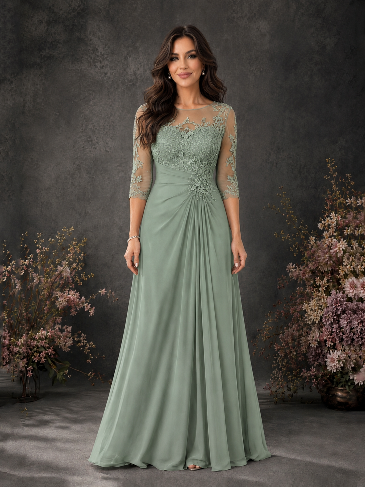 BOLODOO Dusty Sage Chiffon Lace Illusion Neckline 3/4 Sleeve Floor Length Formal Gown - Dusty Sage - Dusty Sage_01