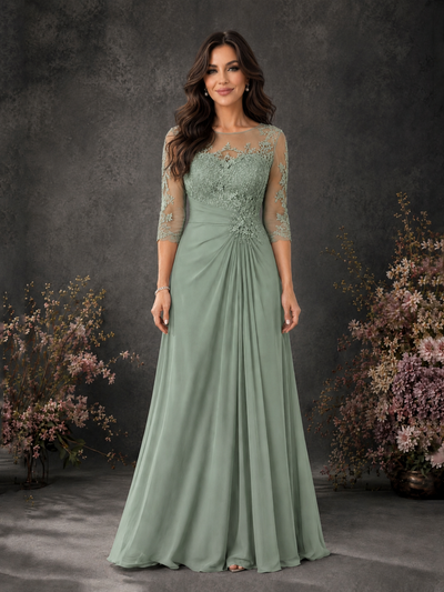 BOLODOO Dusty Sage Chiffon Lace Illusion Neckline 3/4 Sleeve Floor Length Formal Gown - Dusty Sage - Dusty Sage_01