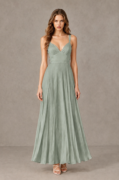 BOLODOO Dusty Sage V-Neck Pleated Open-Back Maxi Dress - Dusty Sage - Dusty Sage_01