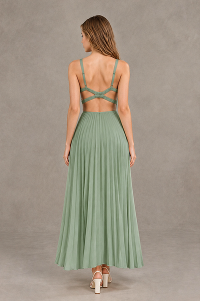 BOLODOO Dusty Sage V-Neck Pleated Open-Back Maxi Dress - Dusty Sage - Dusty Sage_02