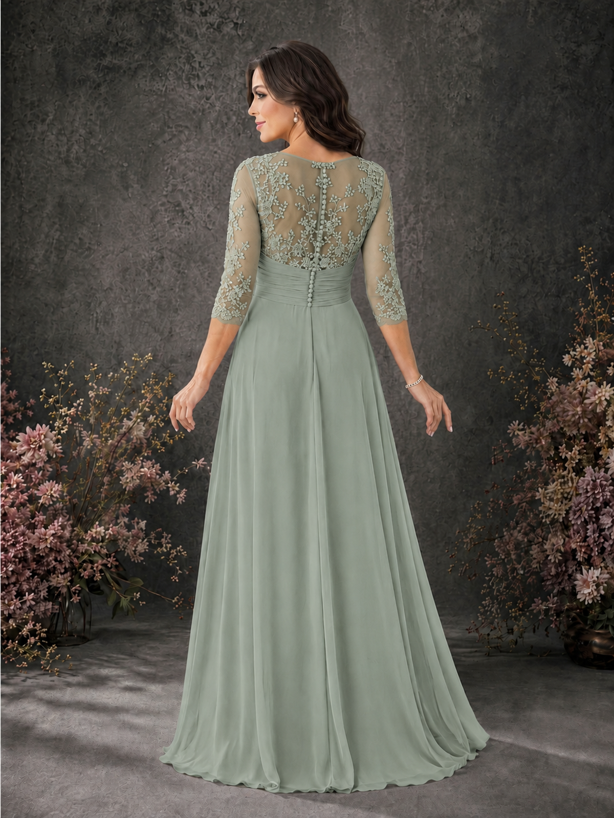 BOLODOO Dusty Sage Chiffon Lace Illusion Neckline 3/4 Sleeve Floor Length Formal Gown - Dusty Sage - Dusty Sage_02